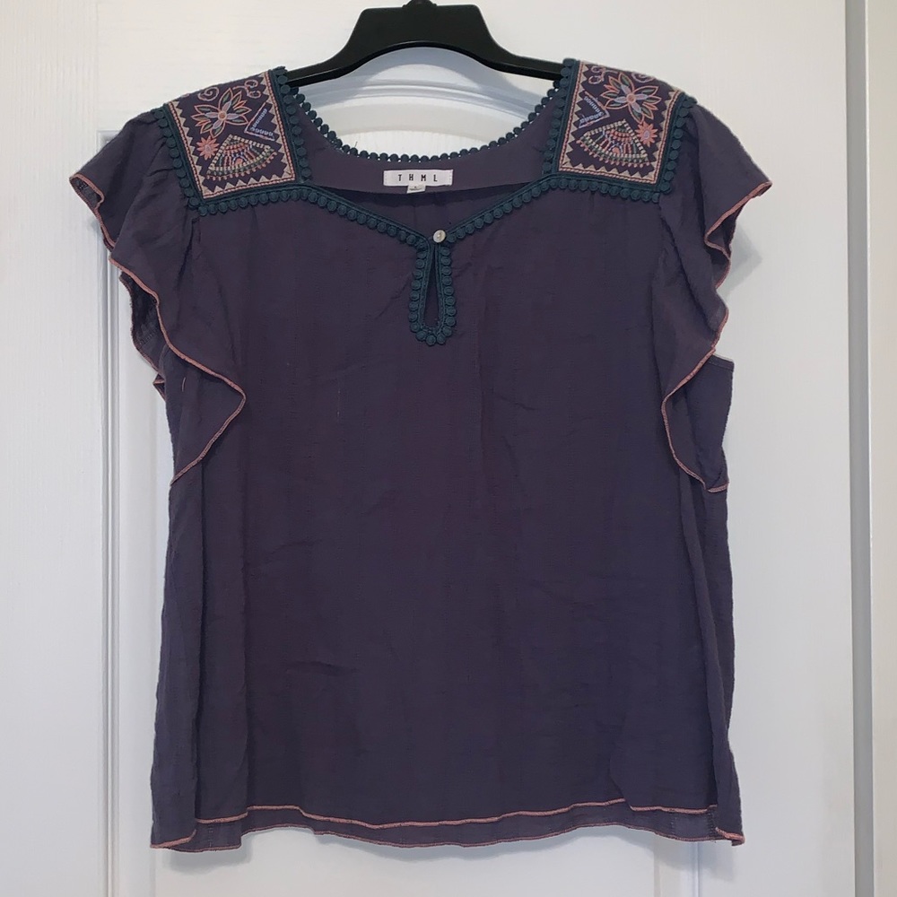 THML Grey-blue Embroidered Shoulder Shirt